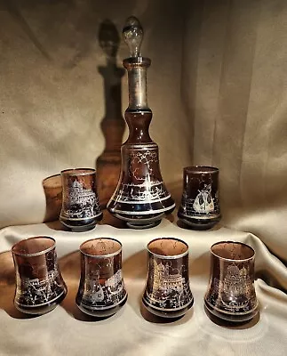 Vintage 8 Piece GLASS DECANTER SET With Stopper Rich AMETHYST With GOLD Designs • $35