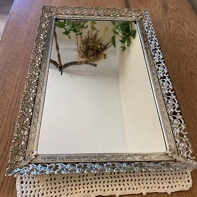 Vintage Metal Vanity Mirror Tray Gold Filigree Oblong 9.5”x14.5” • $19.99