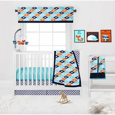 Navy Blue Orange Aztec Diamond 10 Pc Crib Bedding Baby Boy Nursery Mobile Diaper • $180.90