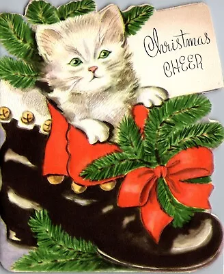 Kitty Cat Kitten In Santa Claus Boot VTG Christmas Greeting Card • $4