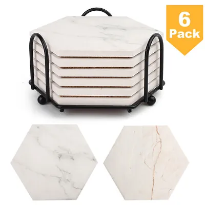 $14.24 • Buy 6PCS Drink Coasters Marble Absorbent Coasters With Metal Holder Cork Backing Bar