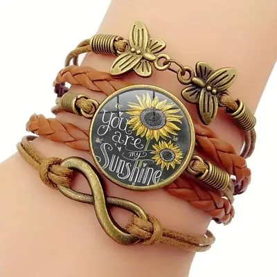 Universal  Vintage Bracelet Sunflower Butterfly Layered Leather Braided Gift New • $9.98