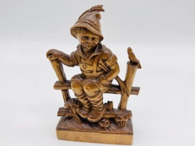 $21.99 • Buy Vintage 6-1/2 Hand Carved Wood Figure Boy Sitting On Fence With Bird Feather Cap