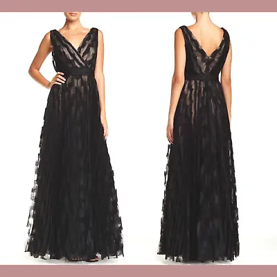 NWT $498 Mignon Lace Surplice Pleated Gown In Black/Nude [SZ 4 ] #M164 • $135.99