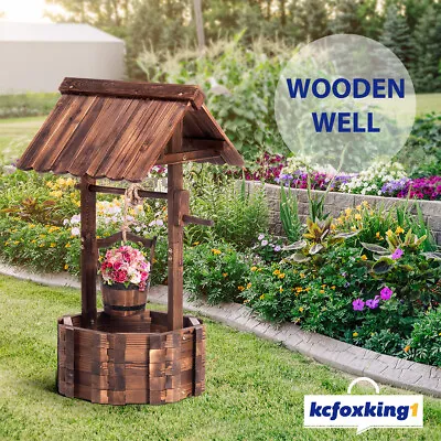 Wooden Wishing Well Garden Planter Flower Bucket Outdoor Yard Lawn Rustic Decor • $119.29