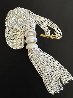 Monet Necklace Vintage Tassel Pendant White Chain Strands • $26