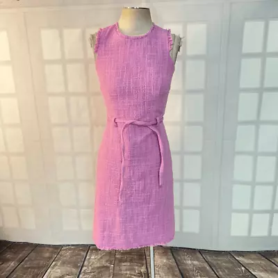 J Crew Belted Pink Tweed Fringe Sheath Dress Size 0 • $50