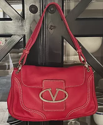 Valentino Vintage V Logo Red Leather Tote Bag With Contrasting White Stitches • $400