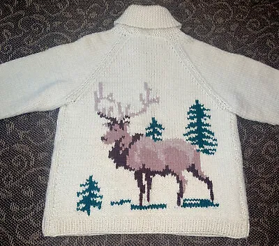 Vintage Cowichan Style Hand Knit Wool Zip Moose Hunting Cardigan Sweater M/L🔥 • $129.88