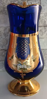 Venetian  Mano Venezia  Glass Pitcher-Colbalt Blue X Gold Floral • $49.99