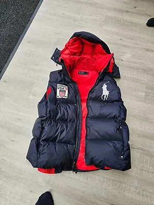 Polo Ralph Lauren Gilet USA 10 LIMITED EDITION Navy Blue/ Red Hooded Down • £85.48