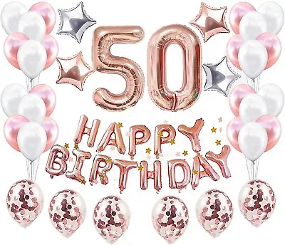 50th Birthday Rose Gold Balloon Set Party Decorations 50th Birthday Tiara Sash • £3.99