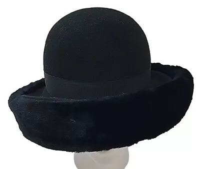 Vintage 90s Y2K Betmar Black 100% Wool Derby Hat Womens Medium Faux Fur Rim USA • $17.59