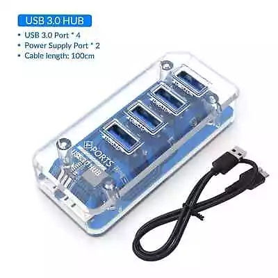 4 Port USB 3.0 Transparent Rectangular Hub USB3.0 Connector & MicroUSB Power New • $12.15