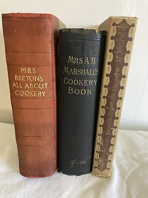 3 Antique/Vintage HB Cookery Books: Mrs Beeton AB Marshall & Elizabeth David • $37.35