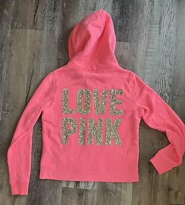 Womens L Victorias Secret PINK Zip Hood Sweatshirt Hot Pink Gold Sequin Logo • $32.99