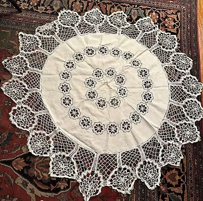 New White Cotton Linen Crocheted Round Tablecloth  58” Diameter • $115