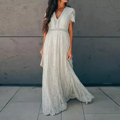 Women's V-neck Short Sleeve Lace Party Evening Formal Cocktail Long Maxi Dress • $42.76