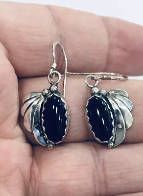 Estate Jewelry Sterling Silver Navajo Style Onyx Feather Earrings • $49.99