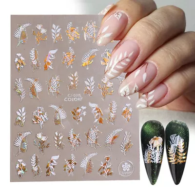 1PC Holographic Flowers Nail Stickers Gold White Gradient 3D Decal Nail Slider • $0.72