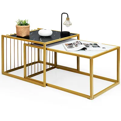 Modern Nesting Coffee Table Marble-Top Side Snack Table Set W/ Gold Metal Frame • $62.98