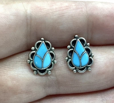 $5.99 • Buy Native American Sterling Silver Turquoise Inlay Small Tribal Stud Earrings