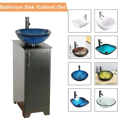 14  Black Bathroom Vanity Cabinet Set Vessel Glass Ceramic Sink Faucet Combo New • $209.99