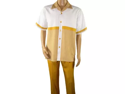 Men MONTIQUE 2pc Walking Leisure Suit Matching Set Short Sleeves 2212 Gold White • $79.99