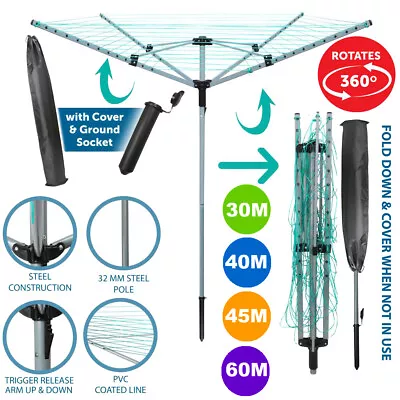 4 Arm Rotary Airer Outdoor Washing Line Clothes Dryer Free Ground Spike & Cover • £36.99