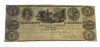 1837 $5 Mississippi & Alabama Brandon MS Railroad Co. Obsolete Note # • $70