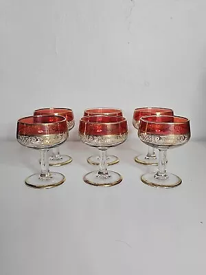 Vintage Bohemian Crystal Ruby Red Wine Glass Floral Set Of 6 • $29.95