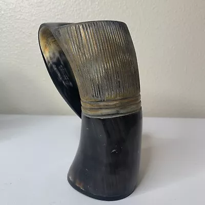 Viking Horn Cup With Handle Beer Drinking Drinkware Unique Brown Ridges • $16.99