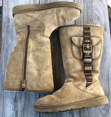 UGG Australia Tall Boots 1895 Cargo Women Size 8 Zip Brown Suede Fur Lined Retro • $59.98