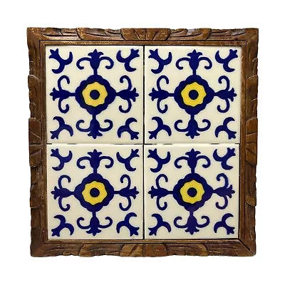 VTG Mexican 4 Tile Tray Ceramic Trivet Folk Art Wood Handles Carved Serving Tray • $40