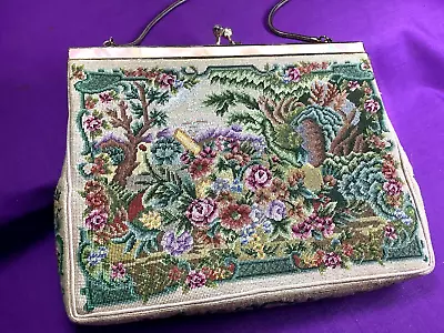 Vintage Mother Of Pearl Clasp Petit Point Tapestry Purse W/Chain • $29.99