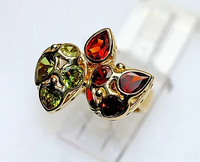 14k Multi Color Multi Gem Bezel Set Mandarin & Red Garnet Peridot Art Deco Ring • $697