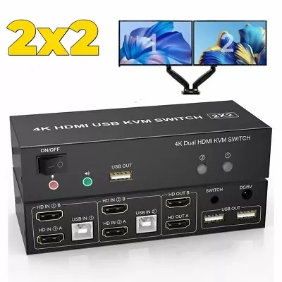 2X2 HDMI KVM Switch Dual Monitor 4K@60Hz USB Switcher 2 Port For 2 Computers • $73.74