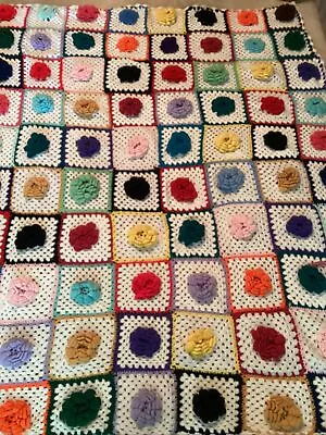 Vintage Handmade 3d Muilt Color Roses Crochet Afghan Blanket 82”x66” Queen Size • $127