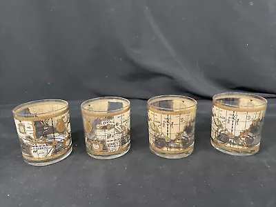 4 Vintage MCM Cera 22K Old World Map Old Fashioned Cocktail Glasses - 3 1/2  • $75