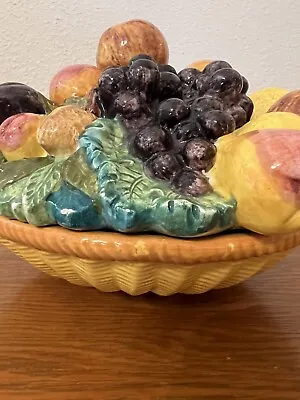 Vintage Italian Majolica Fruit Woven Basket Ceramic Lidded Bowl • $135