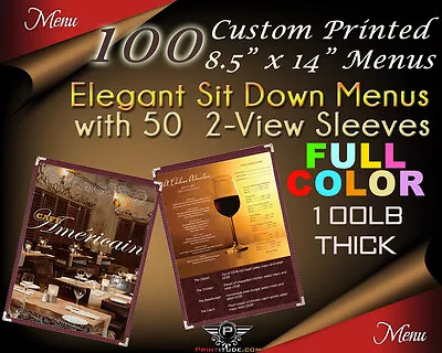 100 Custom Print Sit Down Menu 8.5  X 14  Full Color 2 Sided W/50 Elegant Sleeve • $358.65