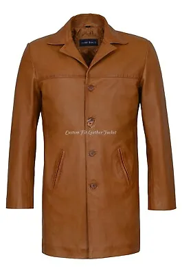 Mens Real Leather Blazer Tan Napa Knee Length Classic Fashion Long Coat 3476 • £129.72