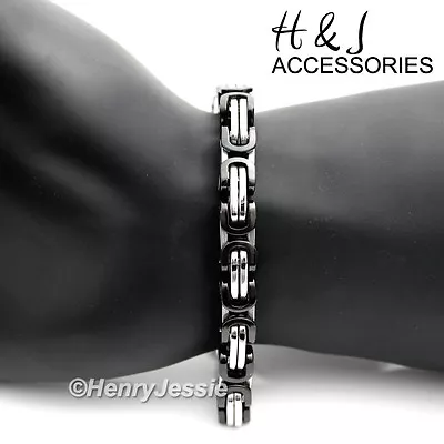 7 -11 MEN Stainless Steel 9mm Silver/Black Plated Byzantine Box Chain Bracelet • $12.99