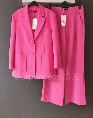 Zara SUIT Blazer Jacket Wide Leg Trousers S M Bright Pink Fuchsia 2 Piece • $85.79