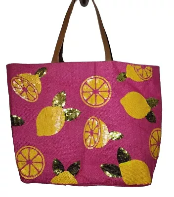 Beach Bag Pink Tote With Sequin Lemons Mudpie Brand • $22