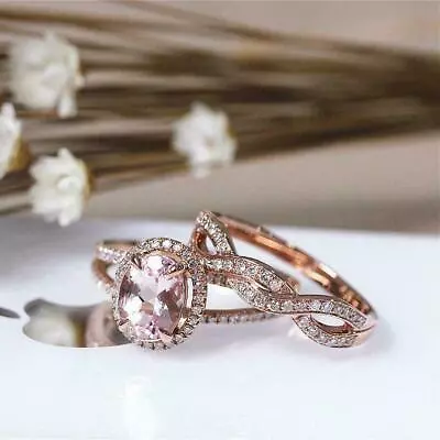 2Ct Oval Lab-Created Morganite Bridal Set Engagement Ring 14K Rose Gold Finish • $88.19