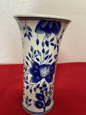 Vintage Delft Blue & White Floral Porcelain Vase 10” Tall & 5.5” Diameter Mouth • $24.99