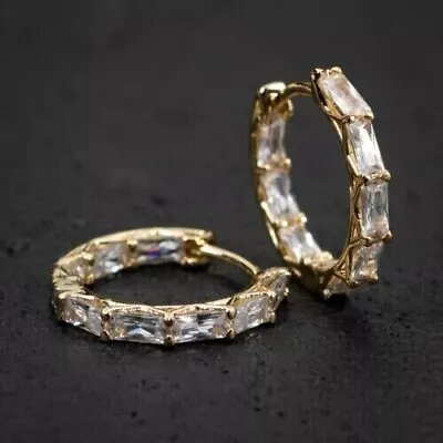 3Ct Baguette Cut Lab Created Diamond Men's Hoop Earrings 14k Yellow Gold Plated • $83.99