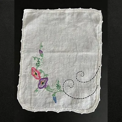 Vintage Floral Hand Embroidered White Linen Dresser Scarf Doily Lace 7.5  X 10  • $16