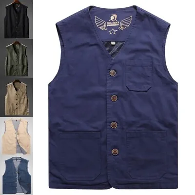 Mens Vest Sleeveless Vests Jackets Men V Neck Photo Loose With Pockets Waistcoat • £18.53